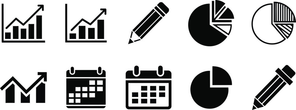 Collection of business and finance icons including graphs charts and calendars for data analysis and planning