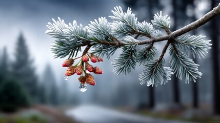 Obraz premium Frost-covered pine branch displays new growth and water droplet in forest setting