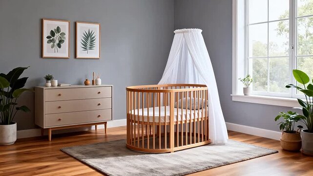 Baby nursery with wooden crib and decor