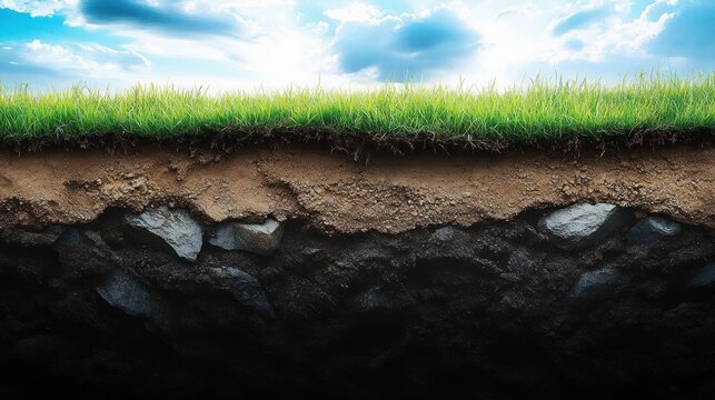 serene grassy meadow with exposed earth cross section revealing soil layers, rocks and dark bedrock beneath a bright blue sky with fluffy clouds