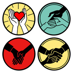 Fototapeta premium Four circular icons depicting hands and a heart in different colors Vector