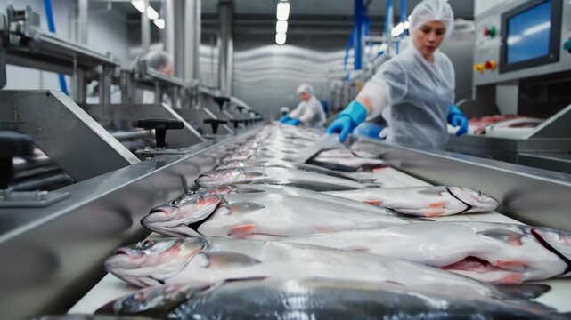 Fish processing plant - Conveyor belt with fresh fish and workers.