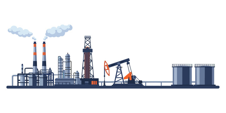 Industrial Oil Extraction and Refining Plant with Smokestacks and Tanks Keywords: oil, industry, refinery, extraction, drilling