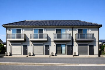 日本の住宅街に建つ瓦屋根とバルコニーが特徴的なモダンで清潔感のある二階建てアパート