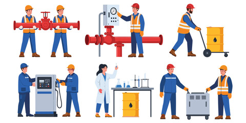 Industrial workers and equipment in a flat vector illustration style engineer technician
