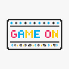 Design Retro pixel art Game On text with decorative elements.