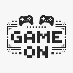 Design Retro pixel art Game On text with decorative elements.