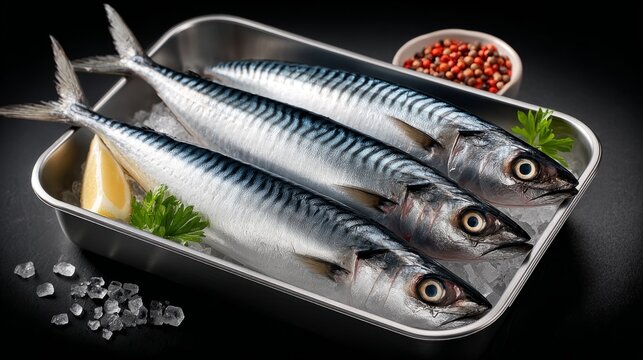 Image showing fresh fish with salt grains in a tray, highlighting the salting process.