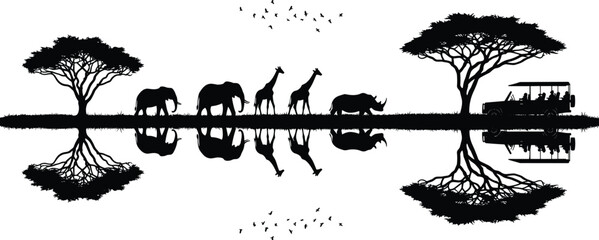 African safari landscape silhouette featuring elephants, giraffes, rhino, acacia trees, and a safari jeep reflected in calm water at sunset. © Md