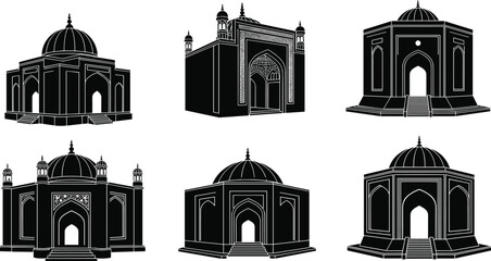 Black and white of various mosque buildings Islamic architecture © MstSuborna