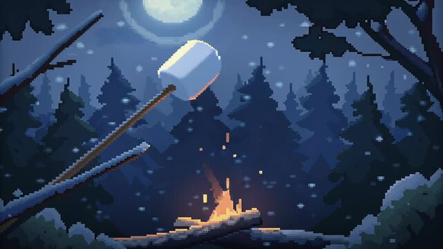 Pixel art campfire in forest clearing full moon concept. Pixel art scene of roasting marshmallows over campfire in forest under full moon night sky