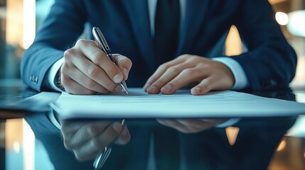 Close-up of a suited professional signing a document with a pen on a glossy desk, hands reflected on the surface, conveying focus and confidence