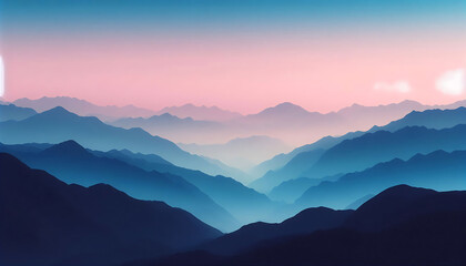 Fototapeta premium A serene landscape features layered mountain silhouettes receding into the distance