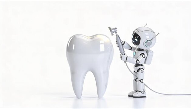 tiny cartoon dentist robot polishing massive tooth perfect for world oral health day