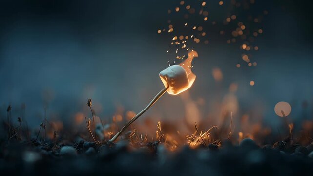 Pixel art campfire in forest clearing full moon concept. Close up of a marshmallow roasting over an open flame with glowing sparks at dusk outdoors