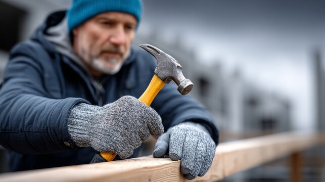 Man using hammer to work on wooden structure at construction site