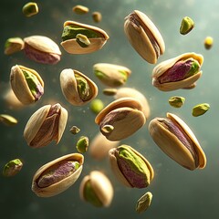 close-up of vibrant pistachio nuts with cracked beige shells and bright green kernels suspended midair, energetic playful floating arrangement with dramatic soft lighting