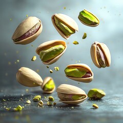 dynamic composition of floating pistachio nuts with cracked beige shells, vibrant green kernels and scattered crumbs conveying playful energetic motion against a soft blue-gray background