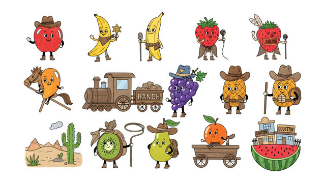 Cartoon Fruits in Western Style: Whimsical illustrations depict anthropomorphic fruits embracing the spirit of the Wild West, adorned with cowboy hats and a dash of playful charm.
