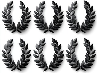 Six black laurel wreath emblems with layered leaves and soft shadows arranged in two rows on white background, elegant and dignified award symbols