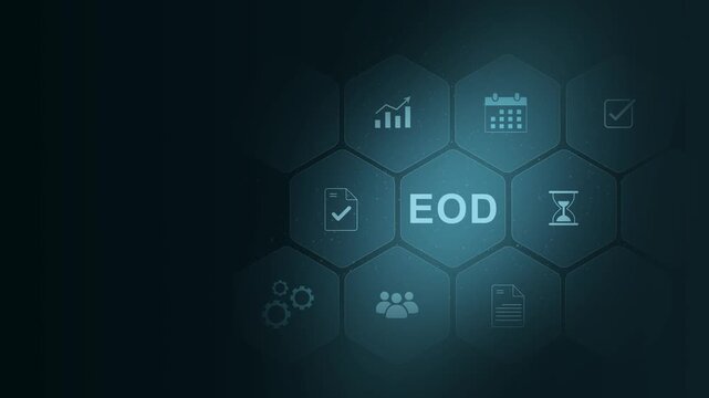 EOD acronym. End Of Day concept. Business term referring to the close of a working day or trading session. Business, modern technology. digital interface on cyan color background