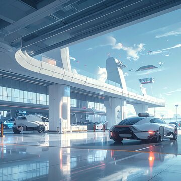 An empty futuristic airport operated only by robots, autonomous vehicles and glowing signs, clean architecture, cinematic perspective