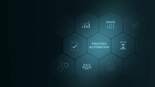 Business process automation, industrial technology innovation, optimization concept. Business, modern technology, digital interface on cyan color background