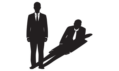 Man in suit stands tall while his shadow is bent over, symbolizing struggle, defeat, or inner conflict. © MDAREFIN
