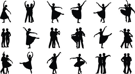 Set of black dance silhouettes featuring ballet dancers, ballroom couples, and contemporary performers in elegant artistic poses on white background. © Md