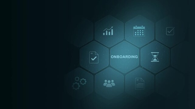 Onboarding concept. Person touch virtual onboarding icon for human resources business industry to introduce newly hired employee into an organization, digital interface on cyan color background