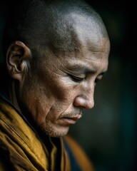 Obraz premium Contemplative portrait of a bald monk in deep meditation with soft spotlight surrounding him