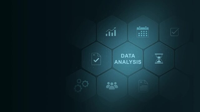 Data Analysis for Business and Finance Concept. Information report for digital business strategy. Business, Technology, Internet and social media icons, digital interface on cyan color background