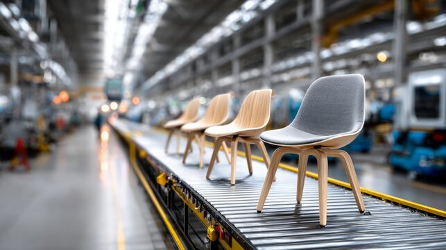 Chairs on an assembly line in a furniture manufacturing facility