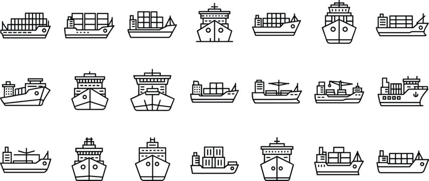 Cargo ship line icons set container vessel maritime transport vector illustration collection
