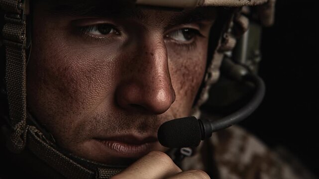 Military operations center with soldier monitoring concept. Close up of focused soldier in military helmet with communication headset in dark environment