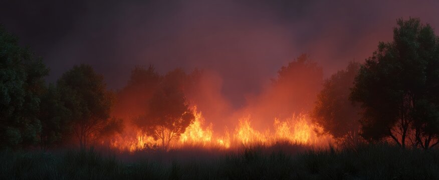 Grassfire engulfs a lush deciduous forest at dawn with vivid flames and thick smoke.
