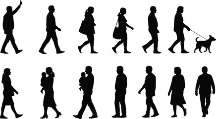Silhouette of people walking including man waving, woman with dog, and parents with babies, diverse group icons for community, city, and lifestyle.