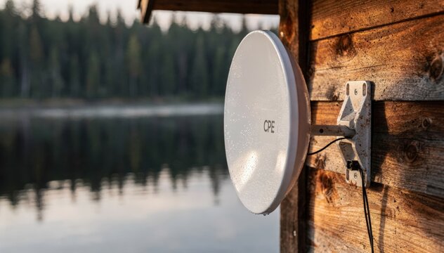 Focused view of the CPE dish beside a lakeside cabin with the reflective lake and forest softly out of focus emphasizing stable internet reception in nature.