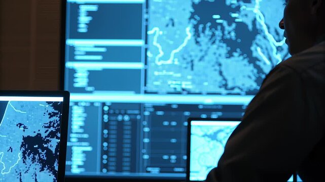 Military operations center with soldier monitoring concept. Man analyzing digital maps and data on multiple computer screens in a dark control room with blue light