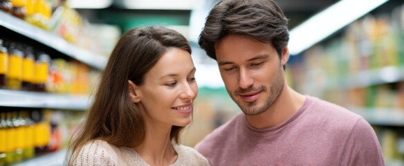 Fototapeta premium Couple selecting natural products in a grocery store aisle together.