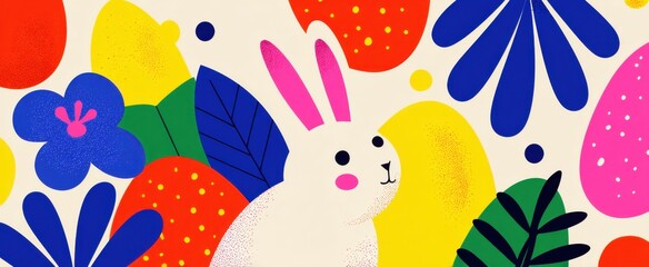 Vibrant spring-themed Easter banner featuring playful bunnies and eggs for celebrations.