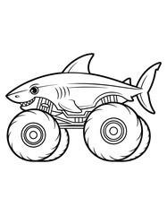 Shark monster truck line art drawing, powerful vehicle with large tires and aggressive marine animal design © Moynul