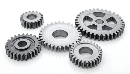 A group of five metallic gears with varying sizes, arranged on a bright white surface, reflecting light evenly