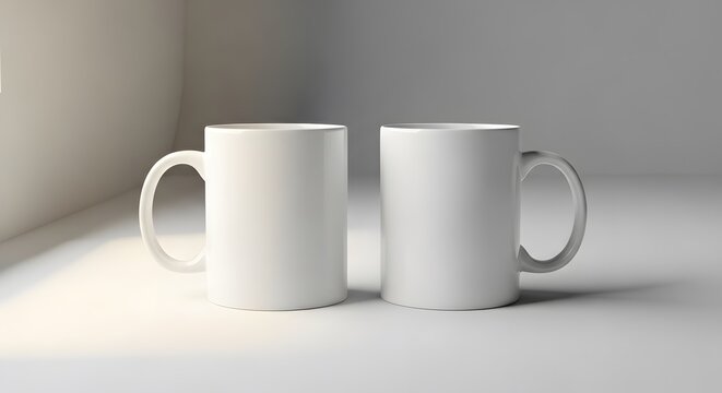 Two ceramic mug mockups arranged in a balanced composition with blank surfaces for customization isolated on a modern studio background.