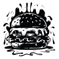 Black and white burger silhouette surrounded with ink splashes creates an edgy design