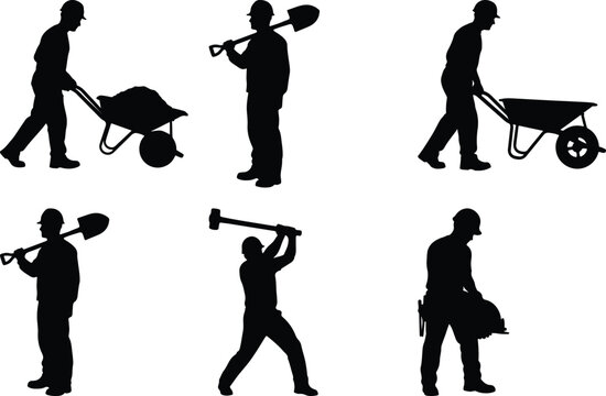 Silhouettes of gardeners performing various yard maintenance activities