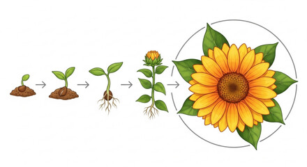 Sunflower growth stages from seed to bloom plant development process with green leaves and vibrant yellow petals