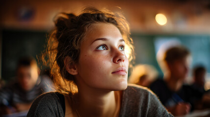 Fototapeta premium Young female student look up in classroom, engaged in learning environment