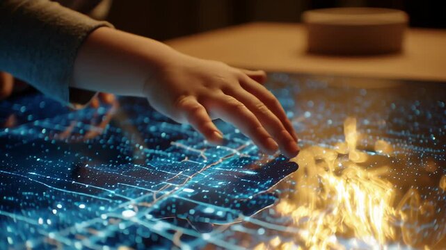 Hand touching interactive tablet map glowing streets concept. Child's hand interacting with futuristic glowing digital touchscreen interface with data map
