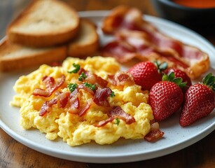 hearty cozy breakfast with creamy scrambled eggs topped with crispy bacon bits, extra bacon strips, fresh strawberries and toasted bread on a white plate, inviting morning comfort